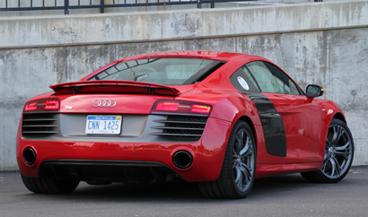 A three-quarter rear view of the Audi R8 V10 plus Coupe