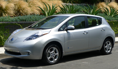 A three-quarter front view of a 2011 Nissan Leaf, one of our Top 10 Electric Cars