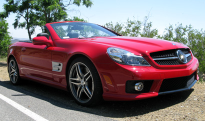 A red 2009 Mercedes-Benz SL63 AMG along the road near Los Angeles' Griffith Park Observatory 