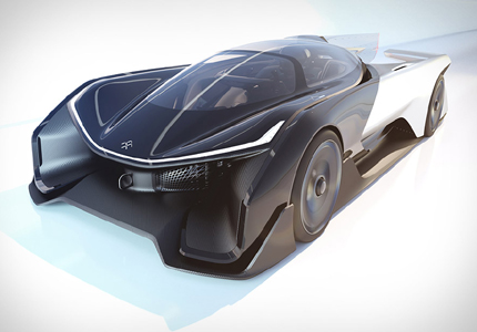 A three-quarter front view of the Faraday Future FFZERO1 EV Concept, which will become available in 2017