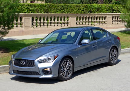 A three-quarter front view of the Infiniti Q50S with intelligent cruise control and active lane control